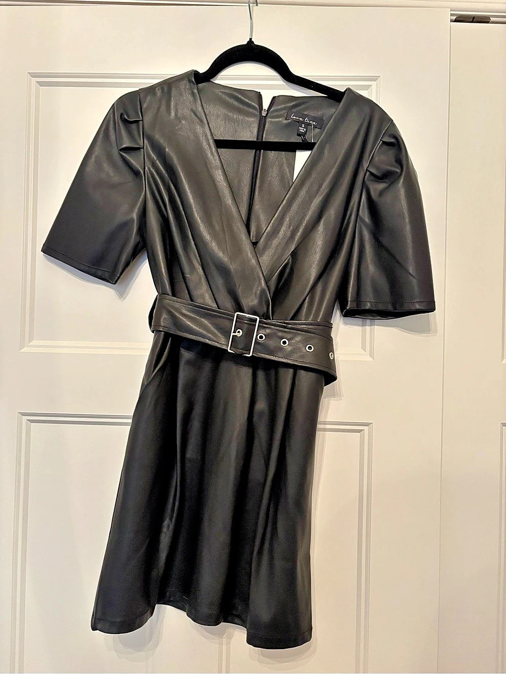 Love Tree Faux Leather Belted Mini Dress NWT